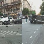 Impactante choque en Corrientes y Callao: 7 heridos y patrullero volcado