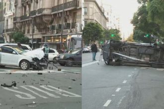 Impactante choque en Corrientes y Callao: 7 heridos y patrullero volcado